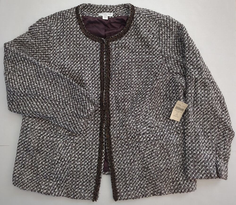 NWT Coldwater Creek Ribbon Chain Trim Drk Brown White Boucle Jacket Women sze 22